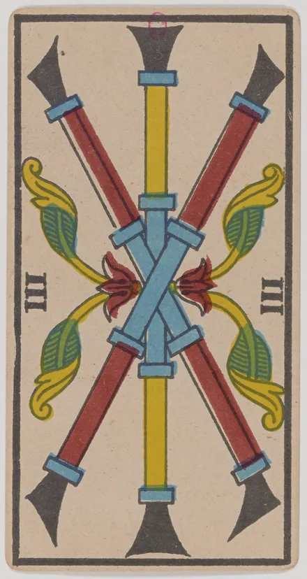 Trois de Bâtons — Tarot de Marseille